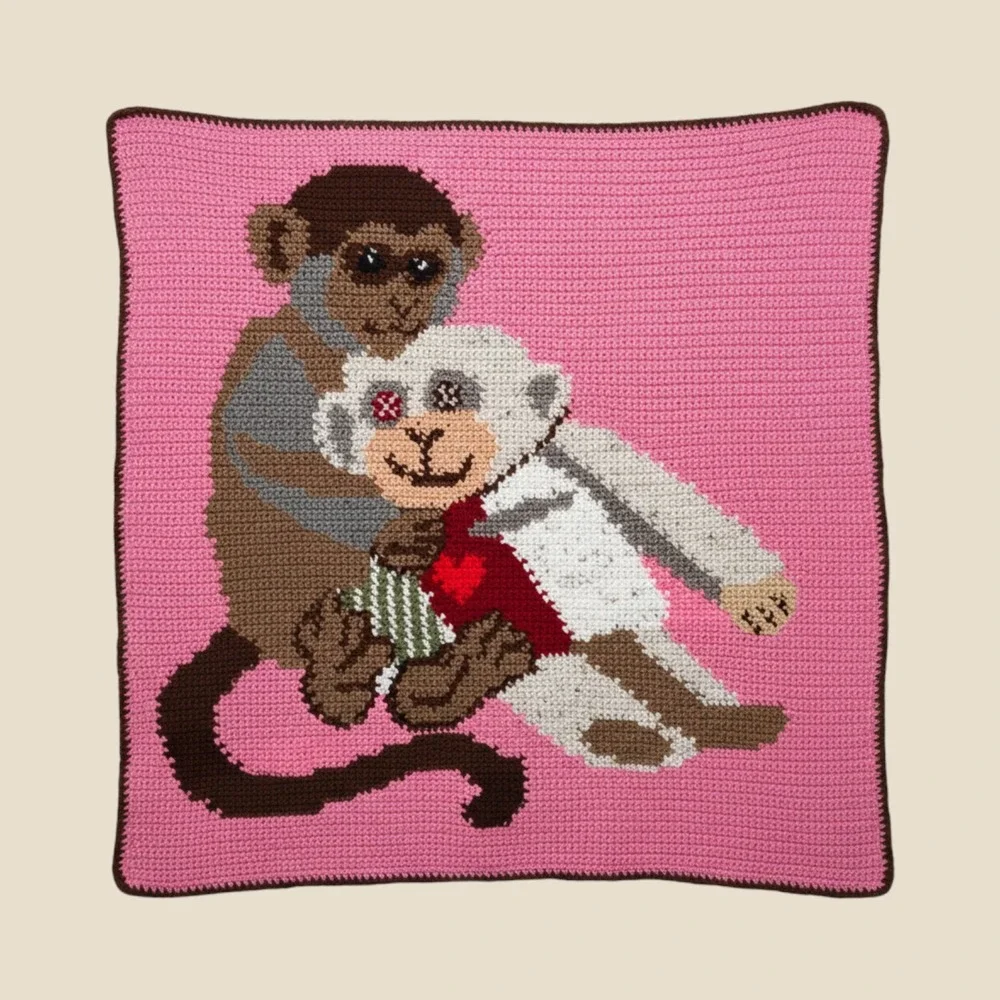 Handmade Crochet Monkey Blanket 40x40 Pink Sock Monkey Graphghan Throw- OOAK